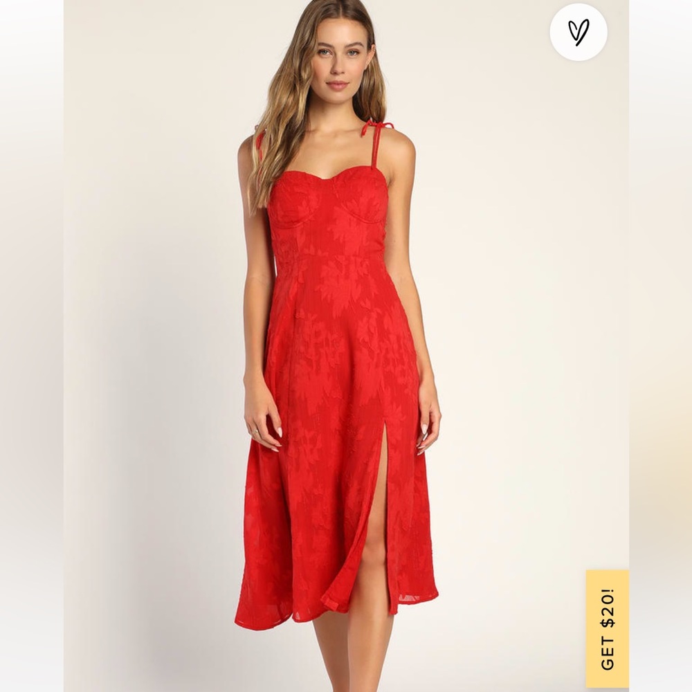 Loveliest Looks Red Floral Jacquard Tie-Strap Midi Dress